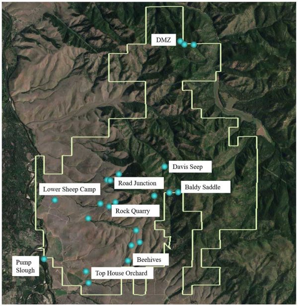 Moth Collection Sites 2017 to 2019 on the MPG Ranch